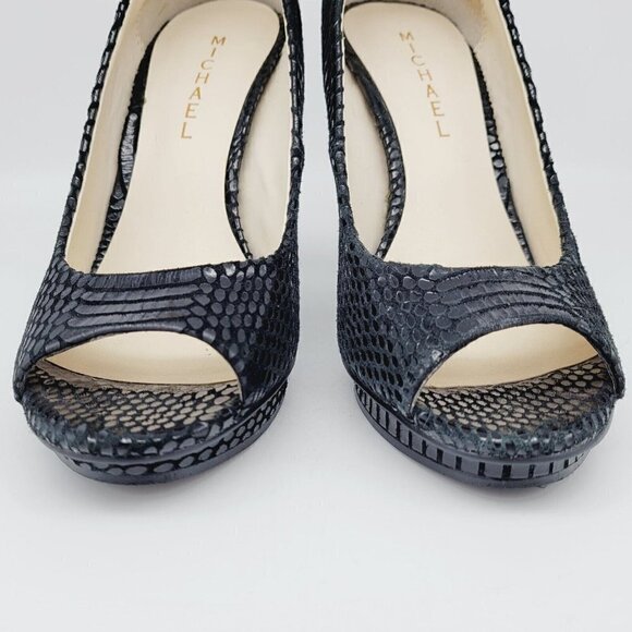 Michael by Michael Shannon Black Leather Peep Toe 4" Heels Snakeskin Texture 7.5 - Picture 3 of 13